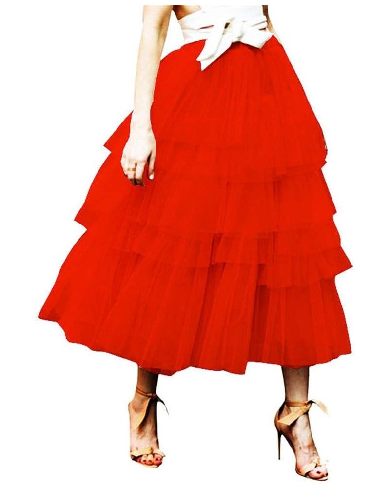 Women's Elastic Waist Tiered Layered Mesh Tulle Tutu A-line Midi Skirt Orange Red $20.24 Skirts