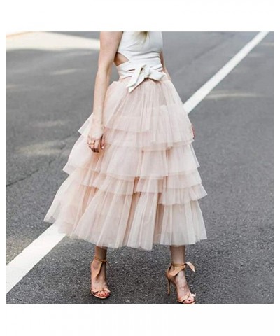 Women's Elastic Waist Tiered Layered Mesh Tulle Tutu A-line Midi Skirt Orange Red $20.24 Skirts