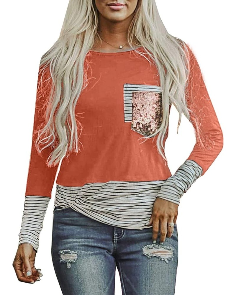 Women's Fashion Printed Color Block Long Sleeve Tops Patch Pocket Tunic Shirt S-2XL A Pink $19.71 Tops