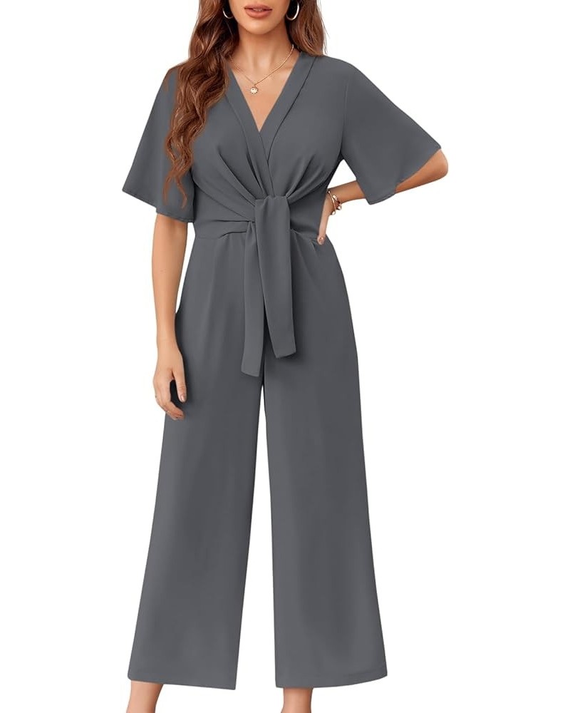 Womens Wide Leg Jumpsuits Short Sleeve Tie Knot Front Summer Long Romper Dark Grey $21.83 Jumpsuits