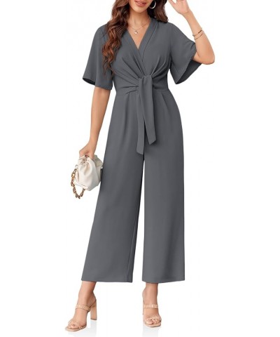 Womens Wide Leg Jumpsuits Short Sleeve Tie Knot Front Summer Long Romper Dark Grey $21.83 Jumpsuits