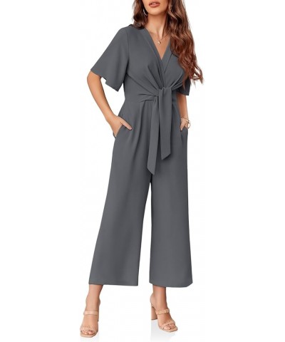 Womens Wide Leg Jumpsuits Short Sleeve Tie Knot Front Summer Long Romper Dark Grey $21.83 Jumpsuits