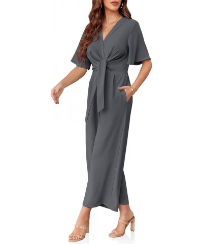 Womens Wide Leg Jumpsuits Short Sleeve Tie Knot Front Summer Long Romper Dark Grey $21.83 Jumpsuits