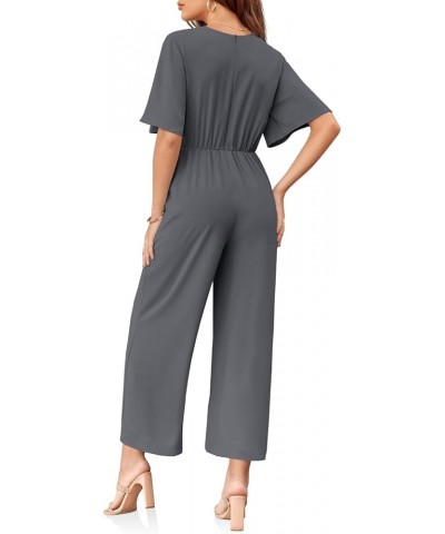 Womens Wide Leg Jumpsuits Short Sleeve Tie Knot Front Summer Long Romper Dark Grey $21.83 Jumpsuits