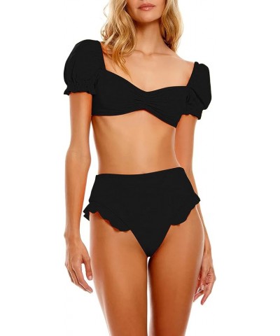 Women's High Waisted Bandeau Bikini Set,Fashion Puff Sleeve Swimwear Set Two Piece Swimsuit Sexy Bathing Suits 1158 Black Set...