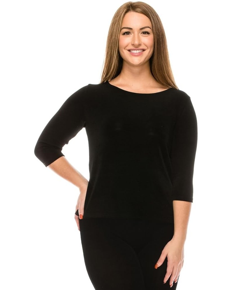 Women's Basic T Shirts - 3/4 Sleeve Scoop Neck Soft Wrinkle Free Solid Top with Side Slit Black $17.55 T-Shirts