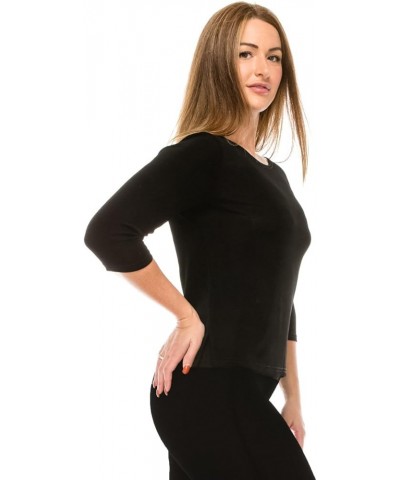 Women's Basic T Shirts - 3/4 Sleeve Scoop Neck Soft Wrinkle Free Solid Top with Side Slit Black $17.55 T-Shirts