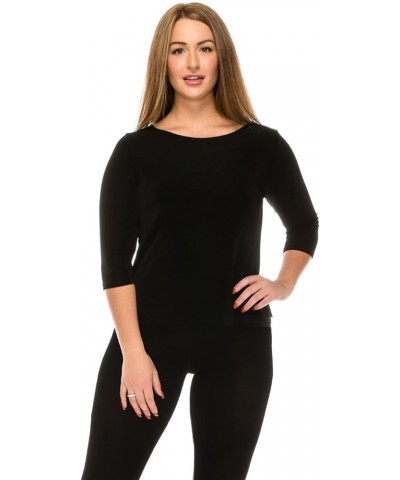 Women's Basic T Shirts - 3/4 Sleeve Scoop Neck Soft Wrinkle Free Solid Top with Side Slit Black $17.55 T-Shirts