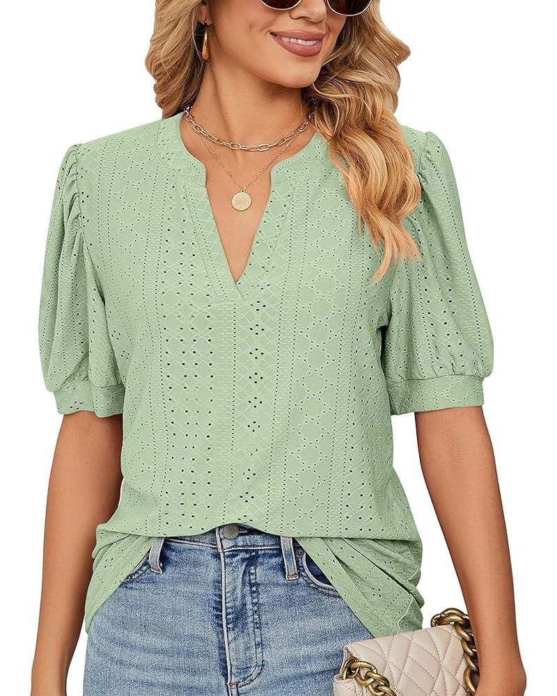 Womens Summer Puff Short Sleeve V Neck T-Shirts Eyelet Casual Lace Dressy Tops Tunic Blouses 2024 A Light Green $11.25 Tops