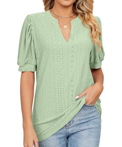 Womens Summer Puff Short Sleeve V Neck T-Shirts Eyelet Casual Lace Dressy Tops Tunic Blouses 2024 A Light Green $11.25 Tops