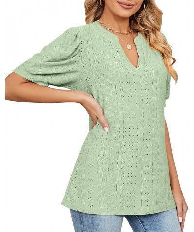 Womens Summer Puff Short Sleeve V Neck T-Shirts Eyelet Casual Lace Dressy Tops Tunic Blouses 2024 A Light Green $11.25 Tops