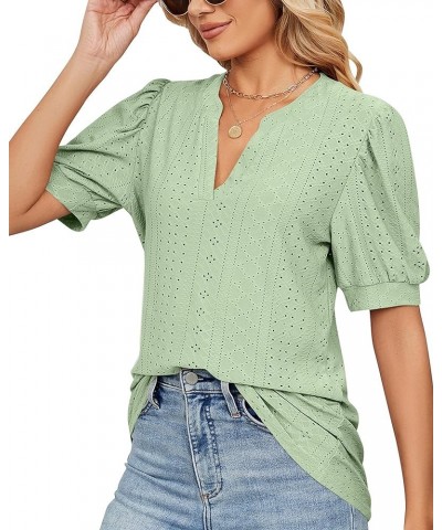 Womens Summer Puff Short Sleeve V Neck T-Shirts Eyelet Casual Lace Dressy Tops Tunic Blouses 2024 A Light Green $11.25 Tops