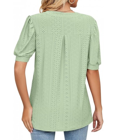 Womens Summer Puff Short Sleeve V Neck T-Shirts Eyelet Casual Lace Dressy Tops Tunic Blouses 2024 A Light Green $11.25 Tops