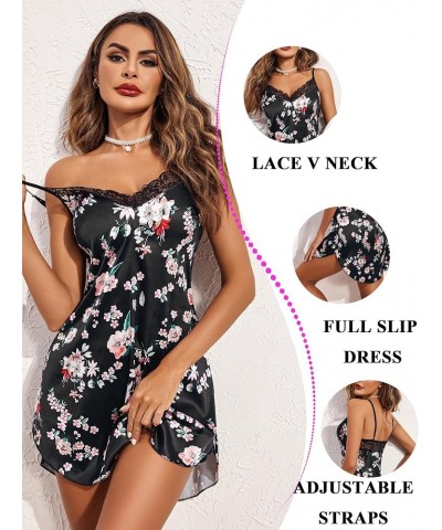 Women's Nightwear Sexy Satin Sleepwear Lace Chemises Mini Full Slip Floral Black $10.43 Sleep & Lounge