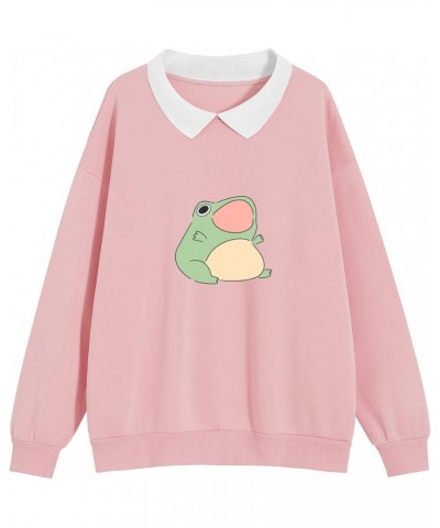 Women Cute Frog Sweatshirt Kawaii Pullover Aesthetic Oversized Fleece Sweaters Turn-Down Collar Tops for Teen Girl Pink $9.62...