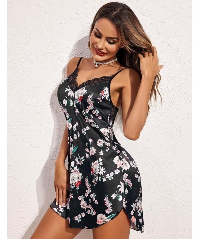 Women's Nightwear Sexy Satin Sleepwear Lace Chemises Mini Full Slip Floral Black $10.43 Sleep & Lounge