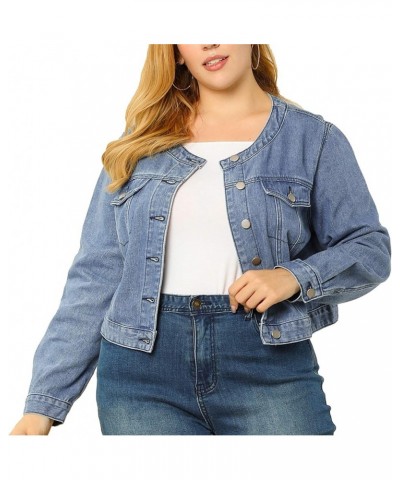 Women's Plus Size Denim Jackets Button Closed Long Sleeve No Collar Crop Denim Jacket 2023 Blue $22.20 Jackets