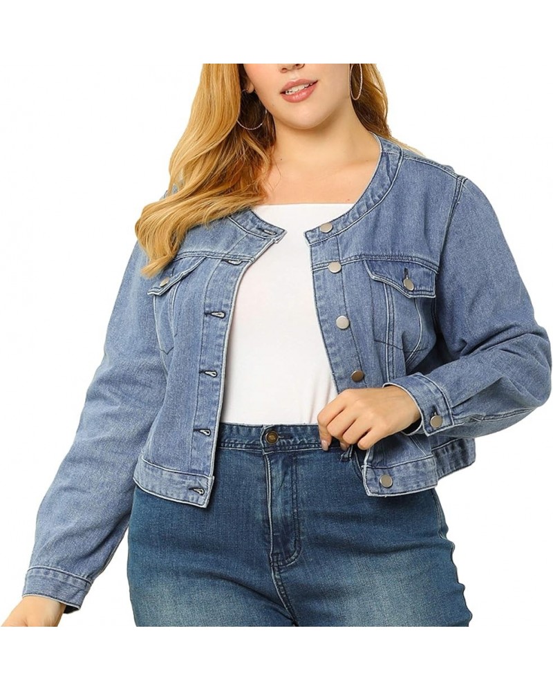 Women's Plus Size Denim Jackets Button Closed Long Sleeve No Collar Crop Denim Jacket 2023 Blue $22.20 Jackets