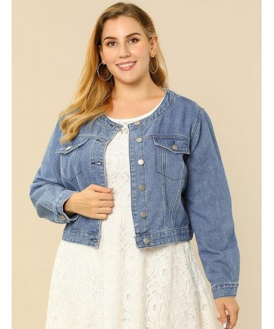 Women's Plus Size Denim Jackets Button Closed Long Sleeve No Collar Crop Denim Jacket 2023 Blue $22.20 Jackets