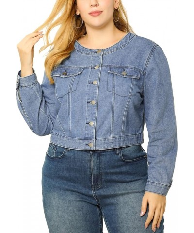 Women's Plus Size Denim Jackets Button Closed Long Sleeve No Collar Crop Denim Jacket 2023 Blue $22.20 Jackets