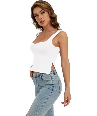 Women Ruched Square Neck Sleeveless Split Side Crop Tank Sexy Sweetheart Neck Strappy Backless Crop Vest Cami Top White $12.0...