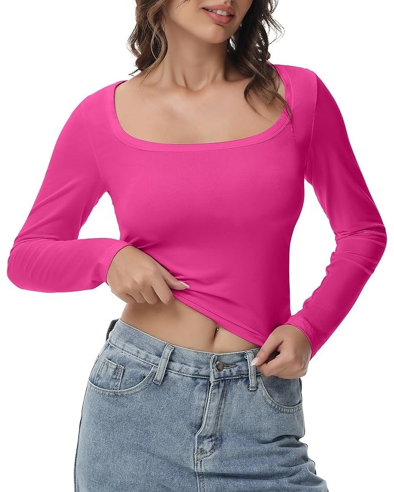 Women's Long Sleeve Crop top, Ribbed & Slim Fitted Cotton Shirts, Square Crewneck Tee Basics for Daily & Casual Wear Hot Pink...