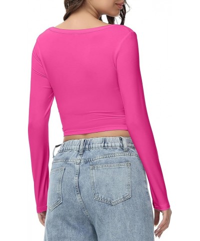 Women's Long Sleeve Crop top, Ribbed & Slim Fitted Cotton Shirts, Square Crewneck Tee Basics for Daily & Casual Wear Hot Pink...