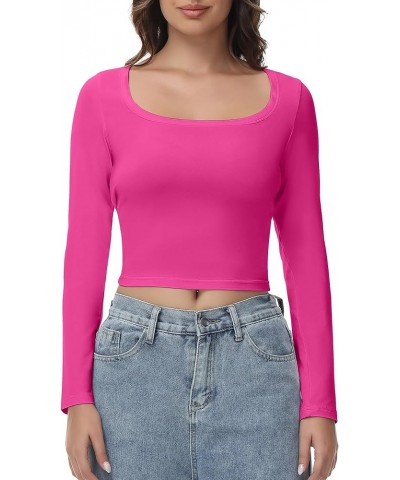 Women's Long Sleeve Crop top, Ribbed & Slim Fitted Cotton Shirts, Square Crewneck Tee Basics for Daily & Casual Wear Hot Pink...