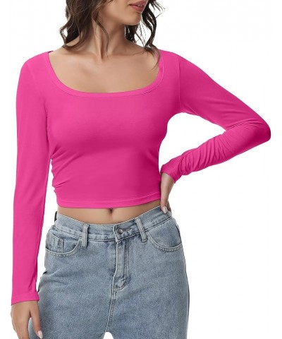 Women's Long Sleeve Crop top, Ribbed & Slim Fitted Cotton Shirts, Square Crewneck Tee Basics for Daily & Casual Wear Hot Pink...