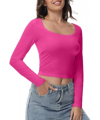 Women's Long Sleeve Crop top, Ribbed & Slim Fitted Cotton Shirts, Square Crewneck Tee Basics for Daily & Casual Wear Hot Pink...