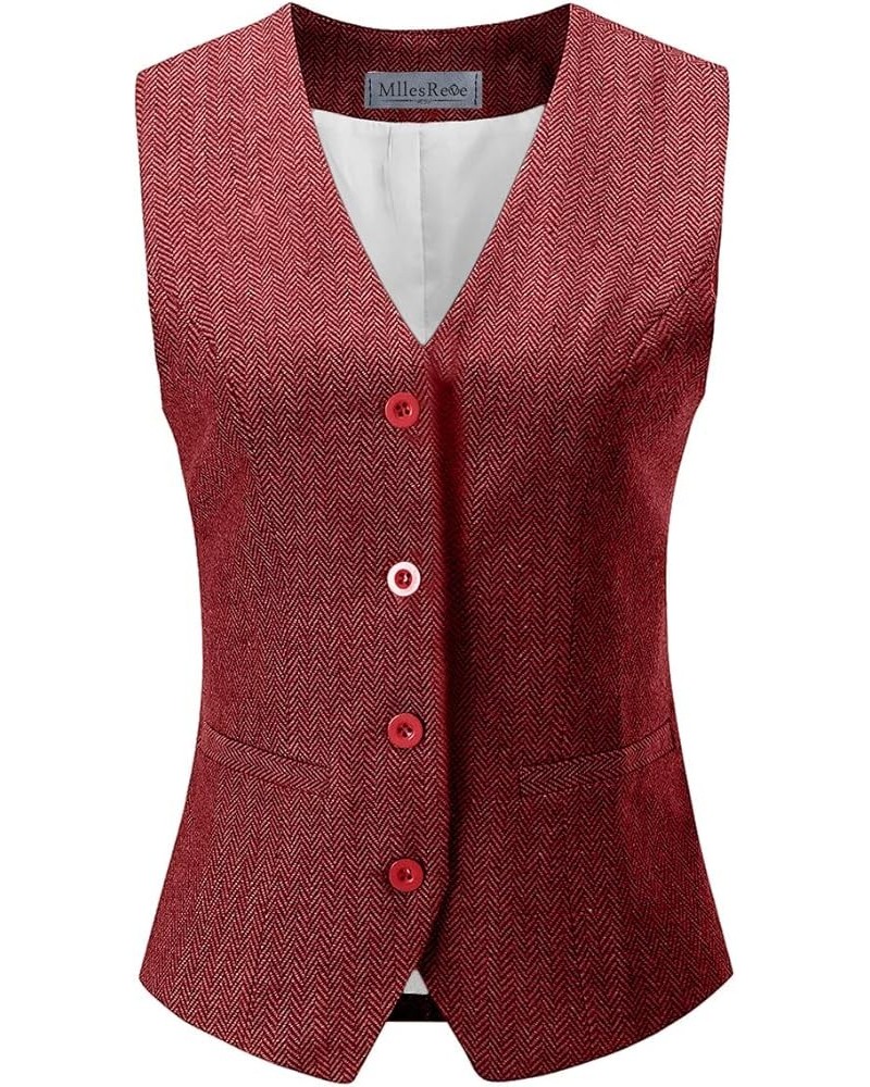 Women's Retro Herringbone Tweed Waistcoat Vest Dress Steampunk Jacket Red $15.60 Vests