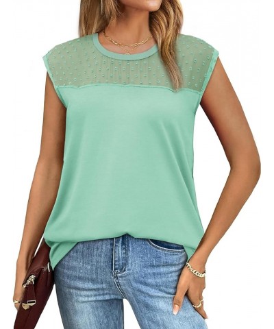 Tank Tops for Women Summer Cap Sleeve Shirts with Cute Lace Pompom 2024 Fashion D-lake Green $10.79 Tanks