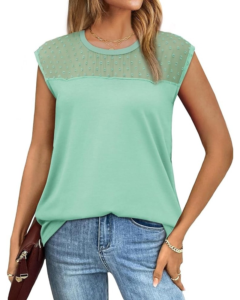 Tank Tops for Women Summer Cap Sleeve Shirts with Cute Lace Pompom 2024 Fashion D-lake Green $10.79 Tanks