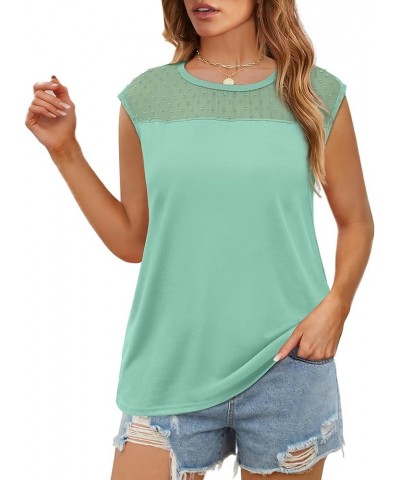 Tank Tops for Women Summer Cap Sleeve Shirts with Cute Lace Pompom 2024 Fashion D-lake Green $10.79 Tanks