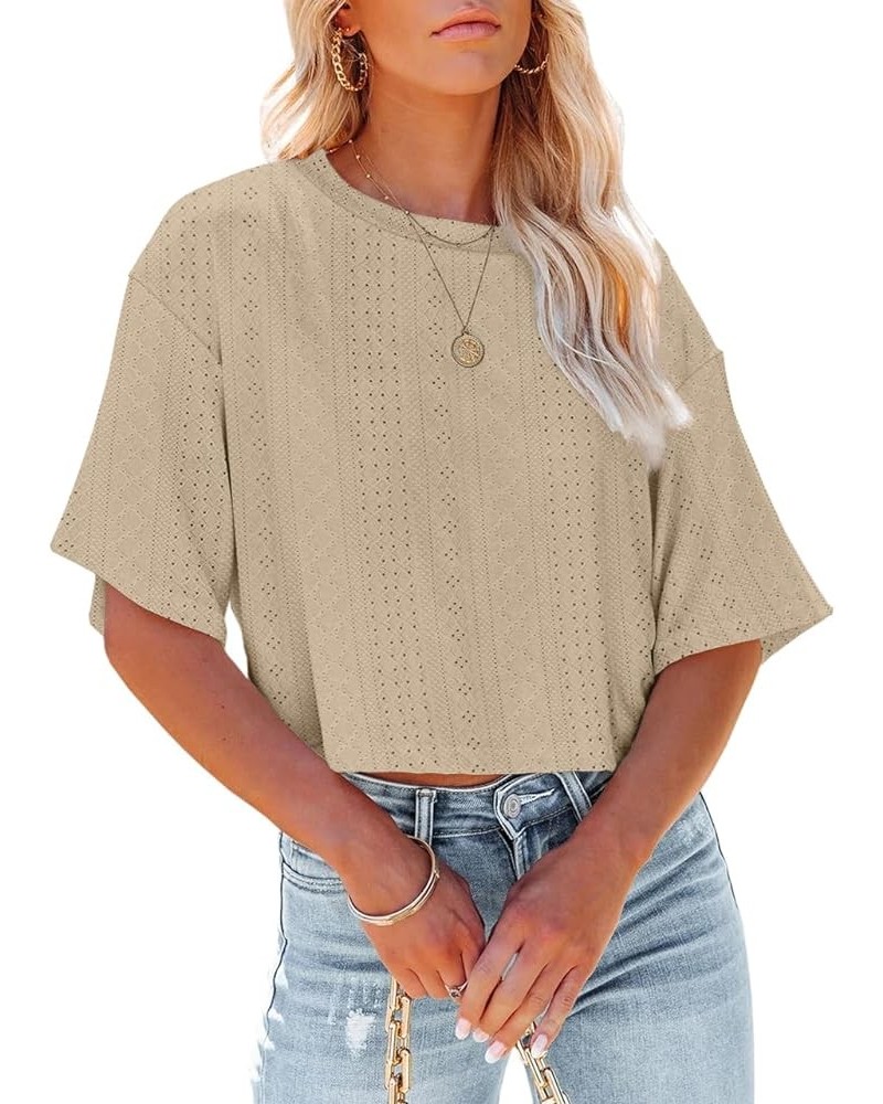 Womens Casual Eyelet Cropped T Shirts Summer Half Sleeve Crop Tops Solid Color Round Neck Crop Tees 06-khaki $10.39 Tops