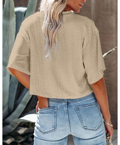 Womens Casual Eyelet Cropped T Shirts Summer Half Sleeve Crop Tops Solid Color Round Neck Crop Tees 06-khaki $10.39 Tops