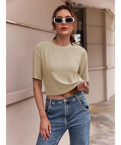 Womens Casual Eyelet Cropped T Shirts Summer Half Sleeve Crop Tops Solid Color Round Neck Crop Tees 06-khaki $10.39 Tops