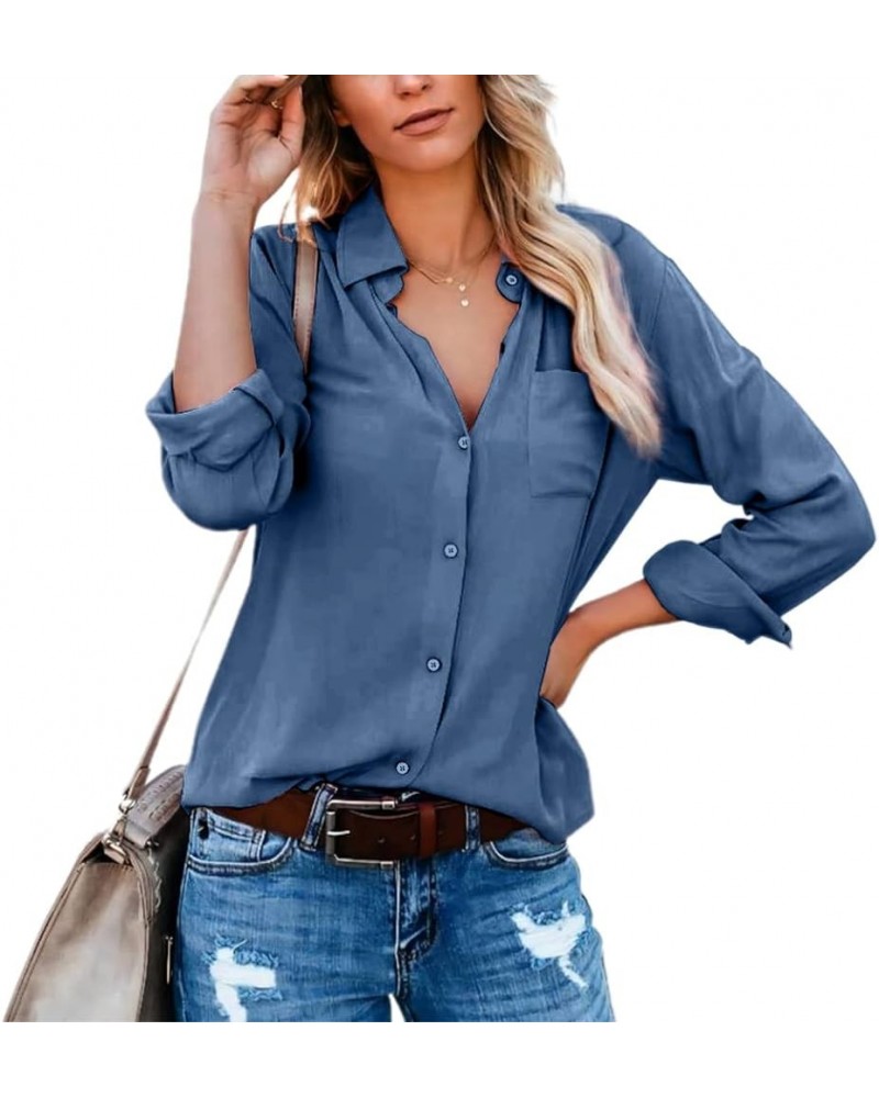 Womens Button Down Shirts with Pockets Long Sleeve Office V Neck Casual Business Blouses Tops Slim Fit Dress Shirt Blue $9.17...