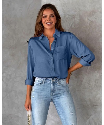 Womens Button Down Shirts with Pockets Long Sleeve Office V Neck Casual Business Blouses Tops Slim Fit Dress Shirt Blue $9.17...