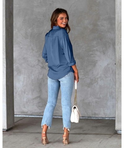 Womens Button Down Shirts with Pockets Long Sleeve Office V Neck Casual Business Blouses Tops Slim Fit Dress Shirt Blue $9.17...