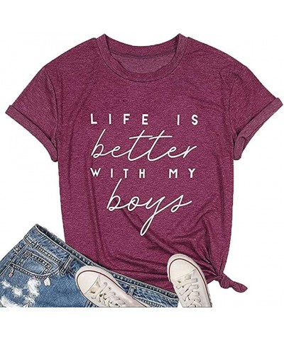 Womens Mother's Day T-Shirt Life is Better with My Boys Graphic Tee Funny Leopard Boy Mama Short Sleeve Wine Red $11.19 T-Shirts