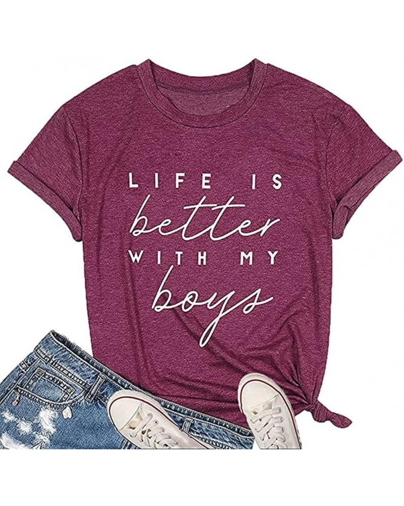 Womens Mother's Day T-Shirt Life is Better with My Boys Graphic Tee Funny Leopard Boy Mama Short Sleeve Wine Red $11.19 T-Shirts