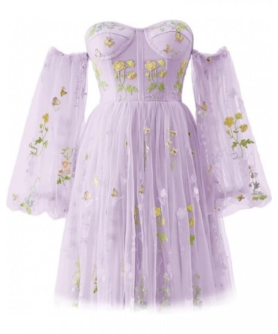 Puffy Sleeve Short Homecoming Dresses for Teens Flower Embroidery Tulle Mini Prom Party Gown Purple $28.04 Dresses