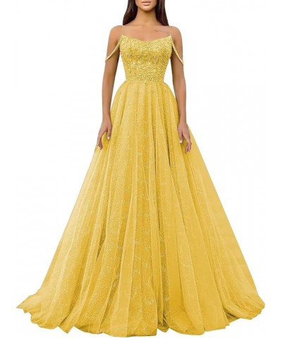 Sparkly Sequin Prom Dresses 2024 Tulle Ball Gown Spaghetti Strap Formal Evening Party Gownss Yellow $41.37 Dresses