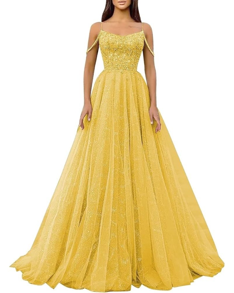 Sparkly Sequin Prom Dresses 2024 Tulle Ball Gown Spaghetti Strap Formal Evening Party Gownss Yellow $41.37 Dresses