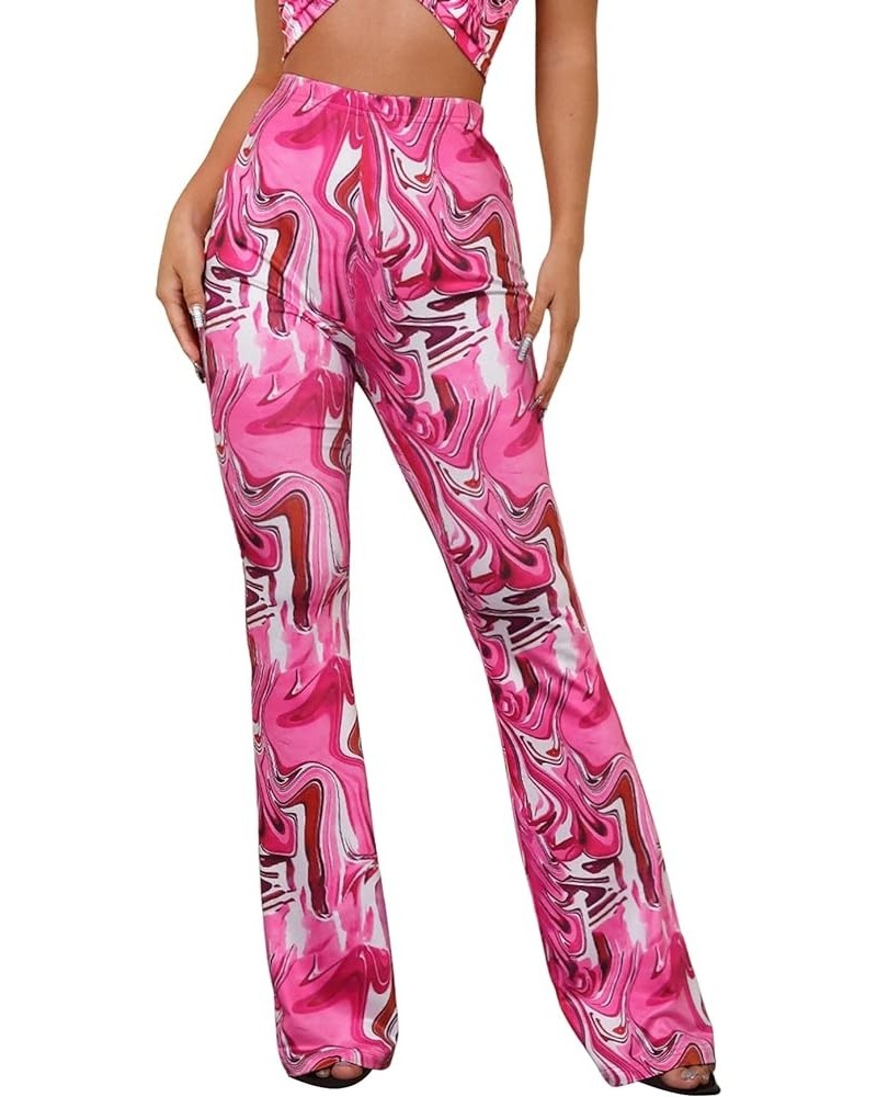 Women's Printed Stretchy High Waisted Bell Bottom Boho Flare Pants Pink Marble $15.00 Pants