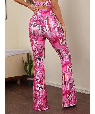 Women's Printed Stretchy High Waisted Bell Bottom Boho Flare Pants Pink Marble $15.00 Pants