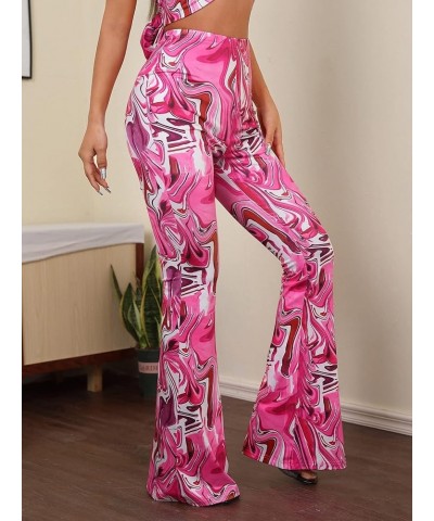 Women's Printed Stretchy High Waisted Bell Bottom Boho Flare Pants Pink Marble $15.00 Pants