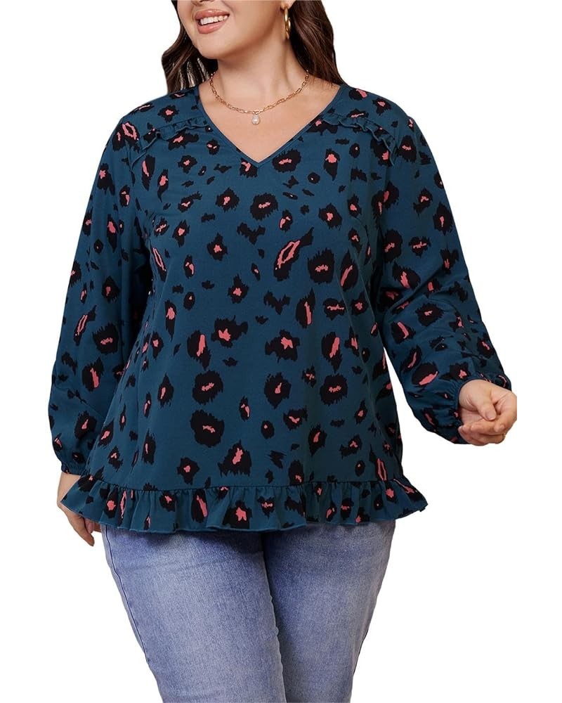 Women's Plus Size Allover Print V Neck Bishop Long Sleeve Ruffle Hem Blouse Tops Multicoloured Printed $15.12 Blouses