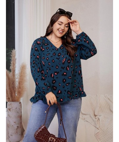 Women's Plus Size Allover Print V Neck Bishop Long Sleeve Ruffle Hem Blouse Tops Multicoloured Printed $15.12 Blouses